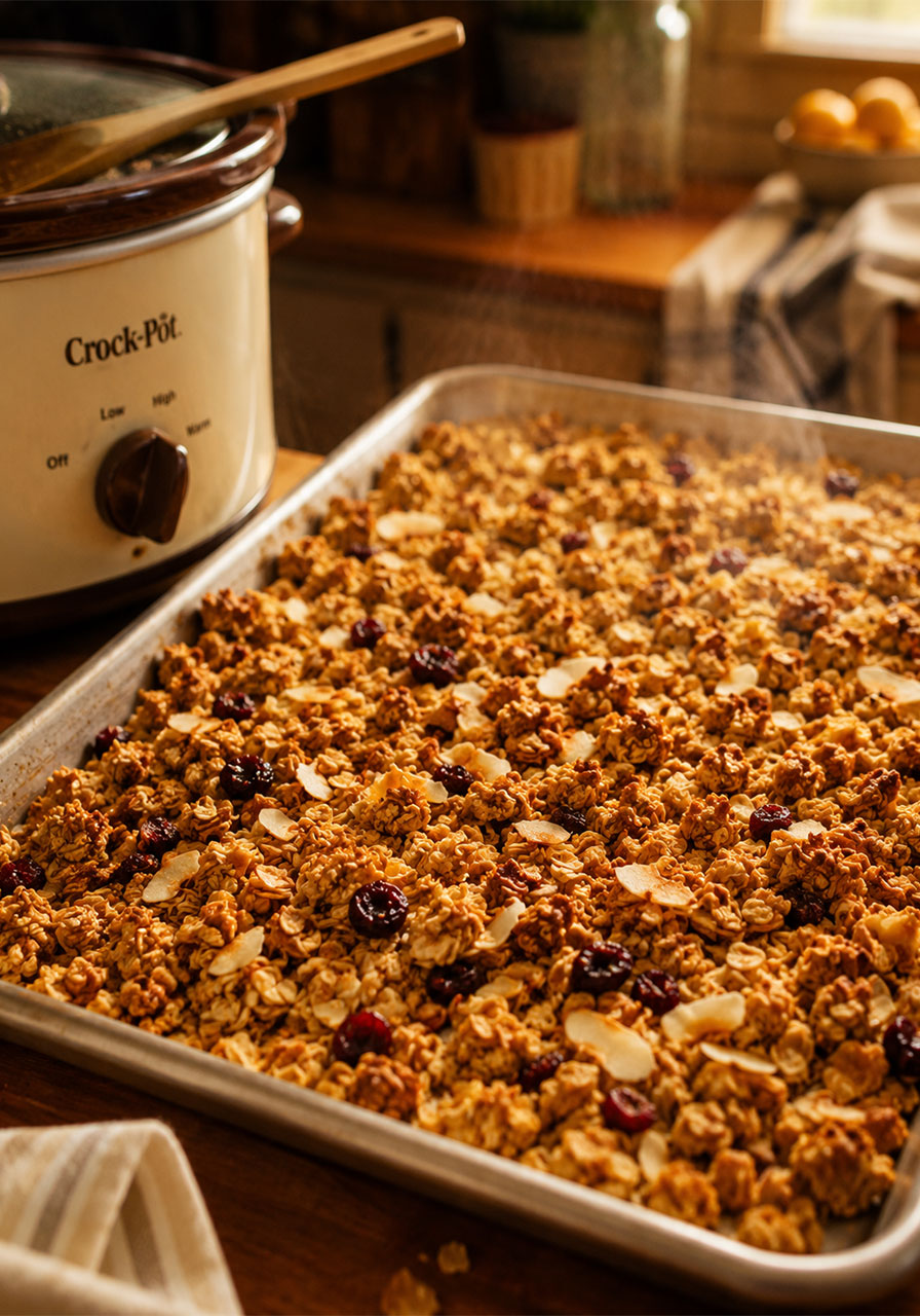 Golden slow-cooker coconut granola cooling on a baking sheet with oat clusters, almonds, and dried cherries