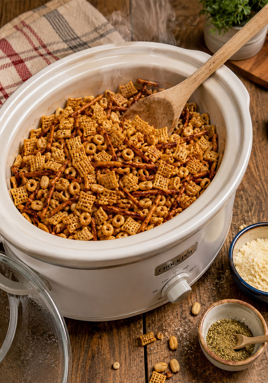 Homemade slow cooker party mix with Wheat Chex, Cheerios, pretzels, and peanuts in a large slow cooker