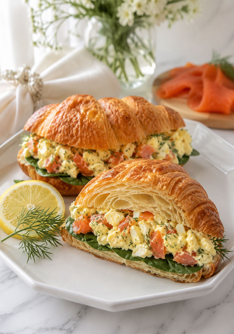 Smoked salmon egg salad croissant with fresh dill and baby spinach, an elegant no-cook summer brunch recipe
