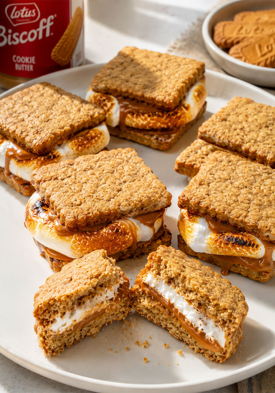 S'mookies – oat shortbread cookies with Biscoff spread and broiled golden marshmallow – unique pool party dessert
