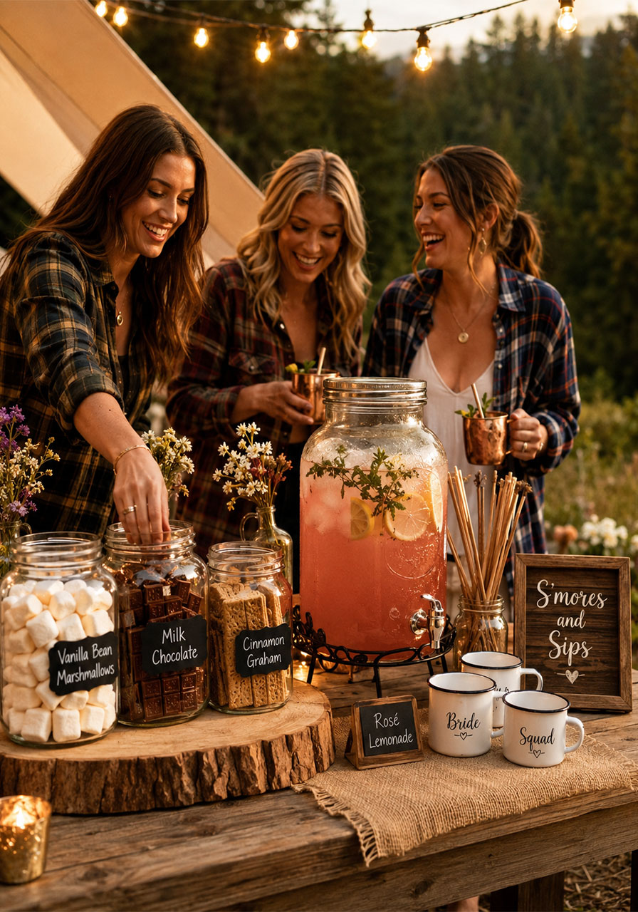 S'mores and sips station setup for camp bachelorette party with mason jar ingredients and rosé cocktail dispenser on rustic wood table