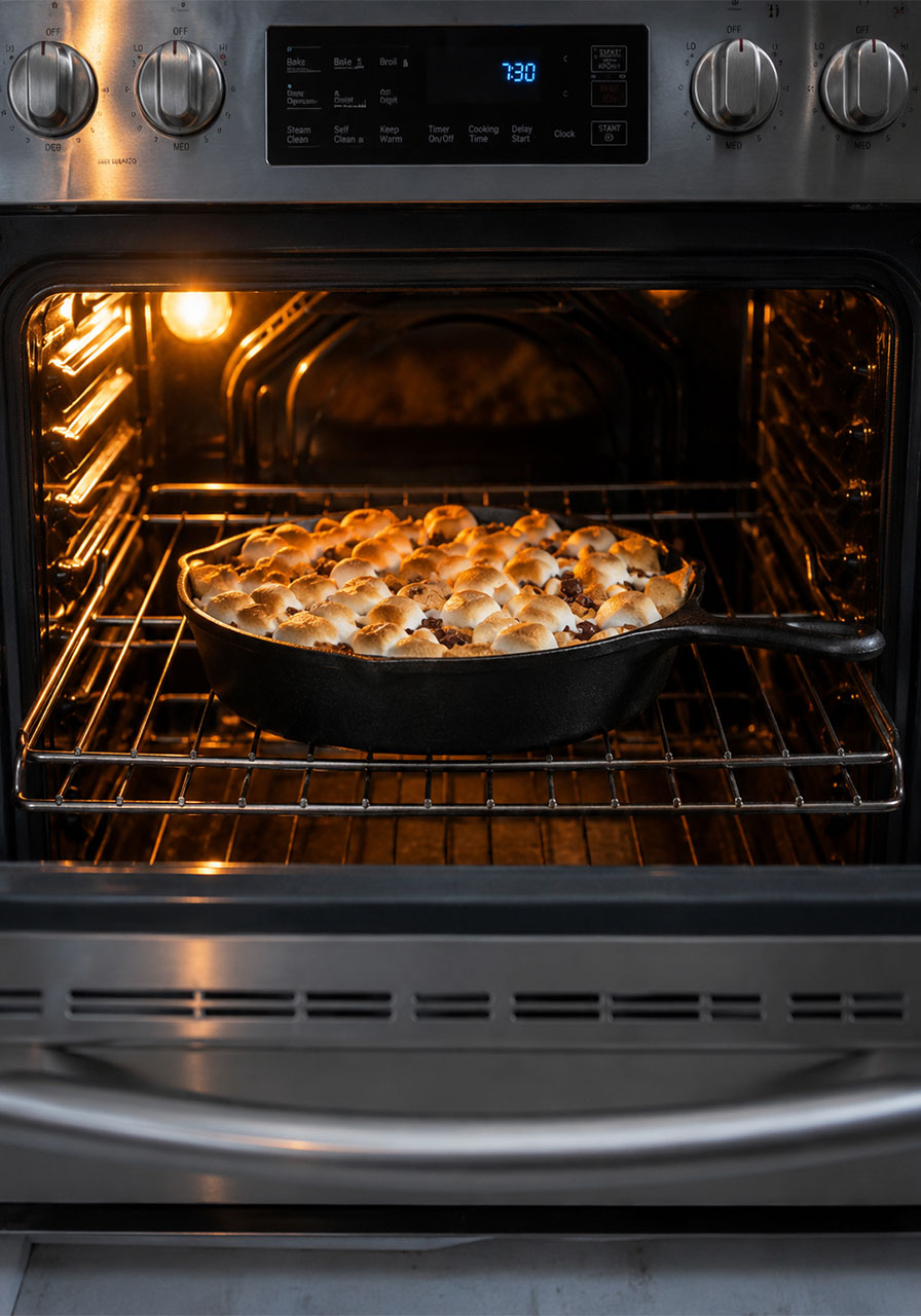 S'mores nachos baking in a cast iron skillet in the oven at 350 degrees