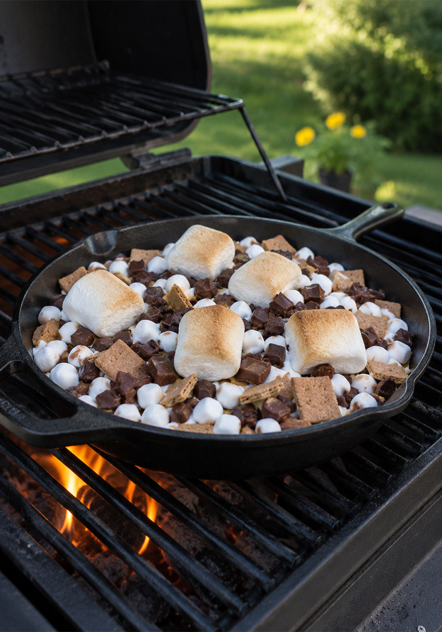 S'mores nachos in a cast iron skillet cooking on a backyard grill