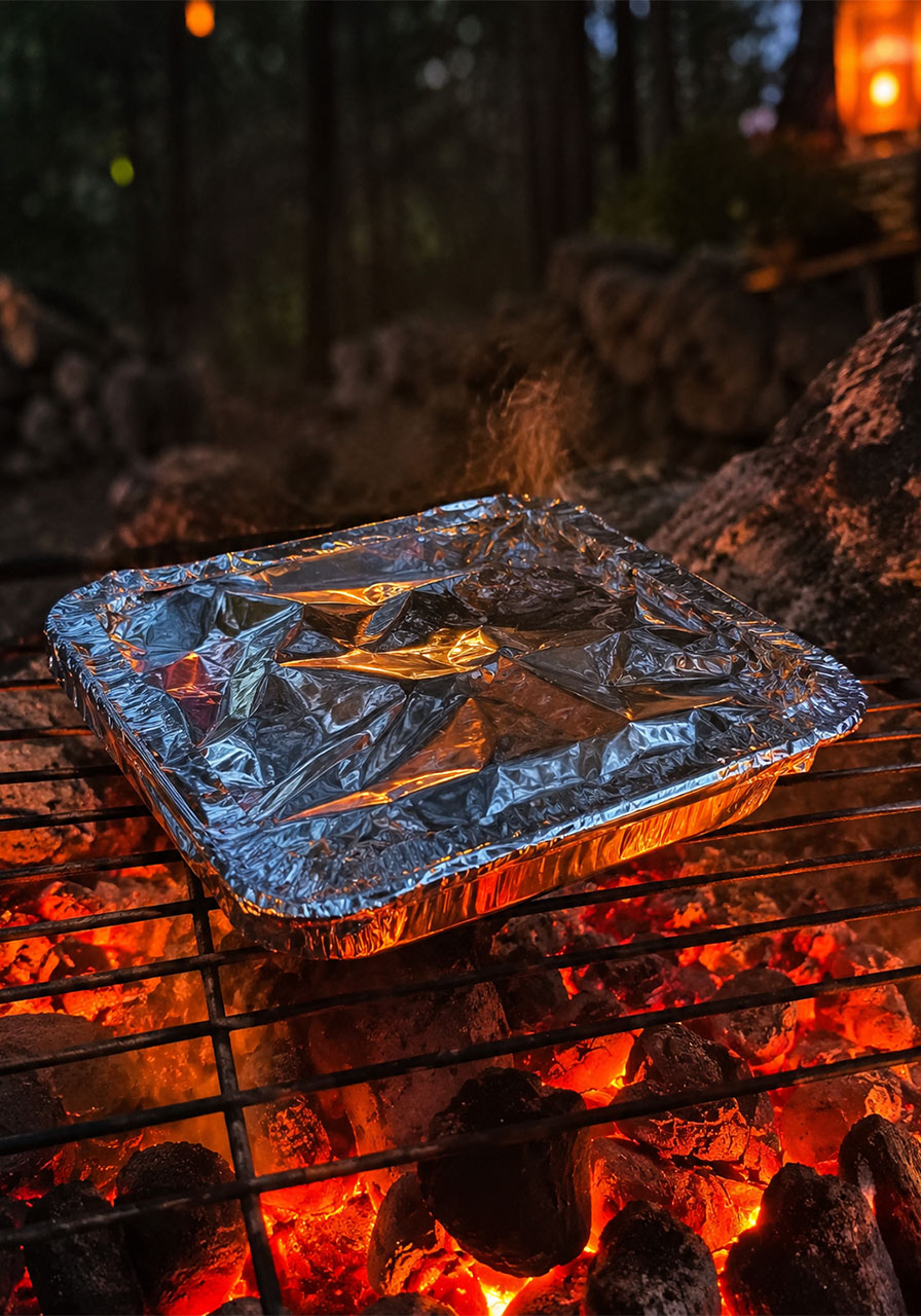 S'mores nachos cooking in a covered foil pan over campfire coals