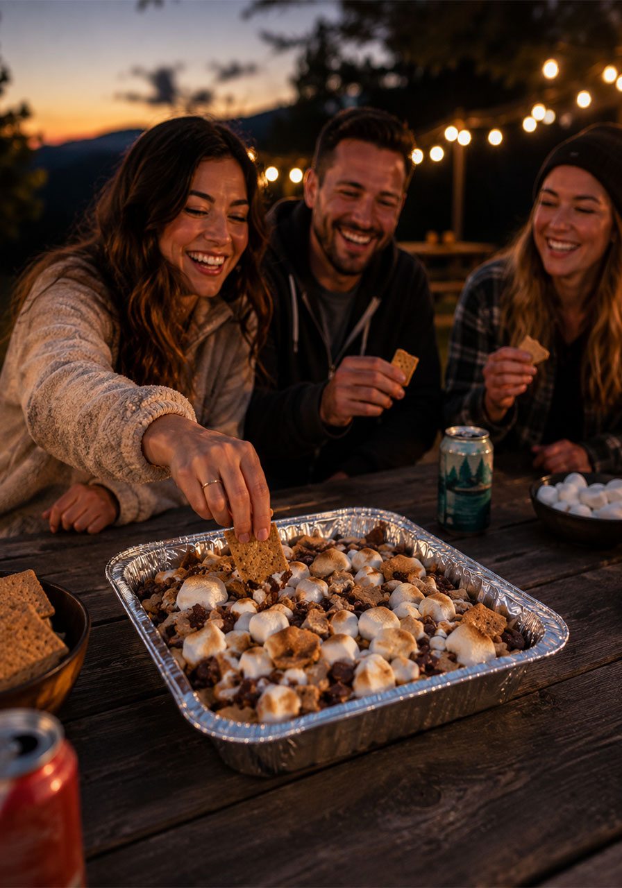 Friends sharing grilled s'mores nachos together at an outdoor party