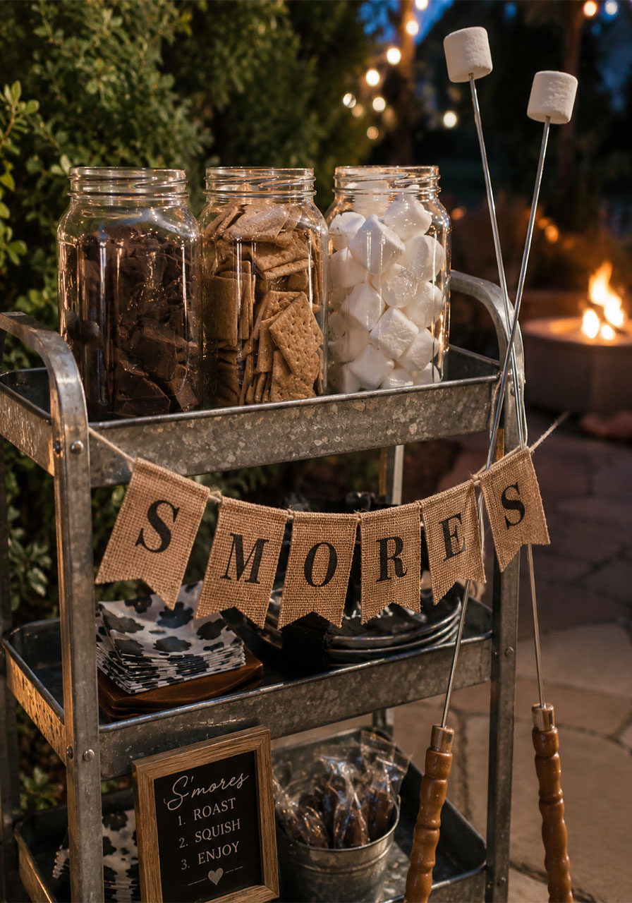 Outdoor s'mores bar station for 18th birthday party with mason jars of chocolate graham crackers and marshmallows