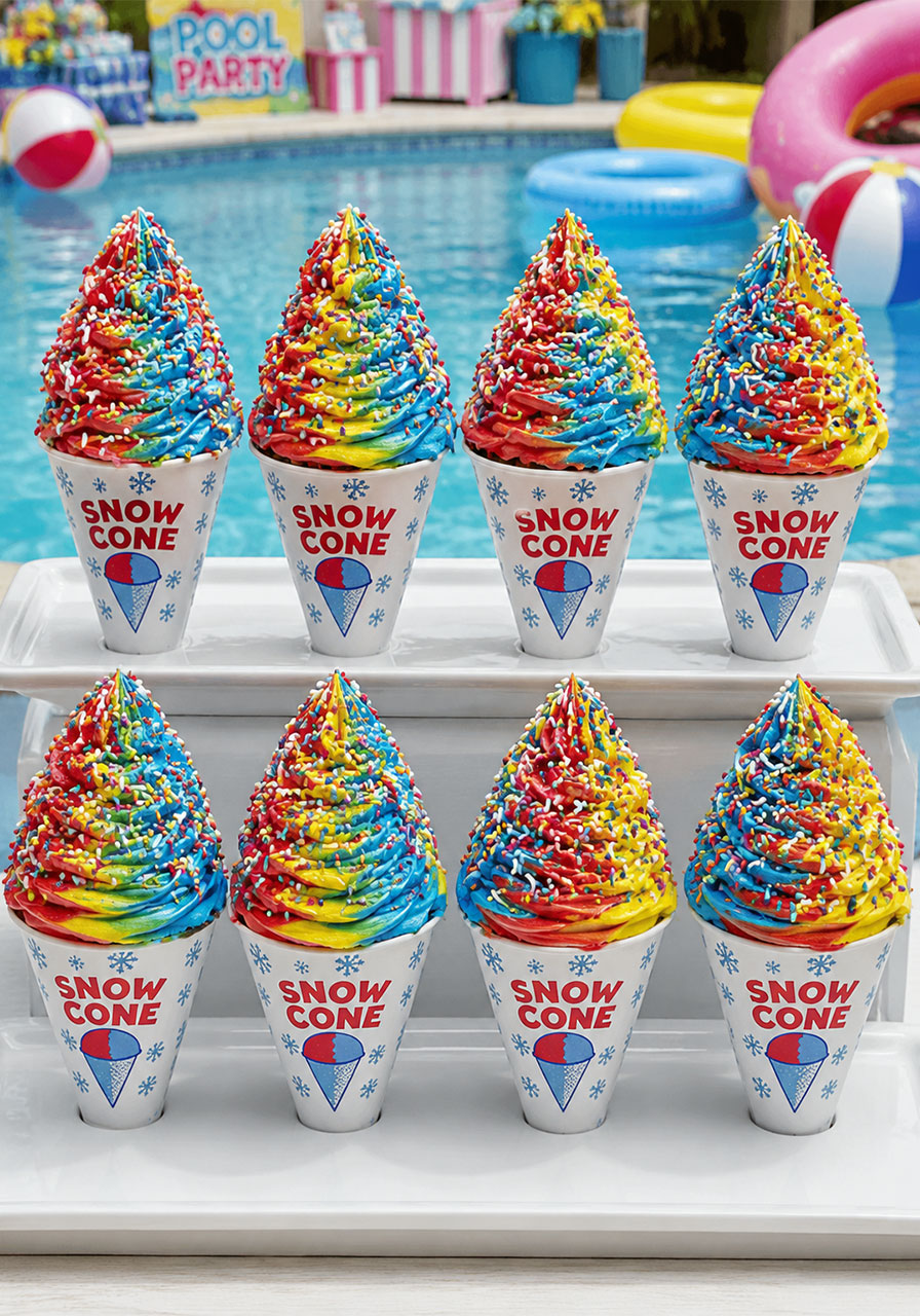Rainbow snow cone cupcakes with multi-color swirled frosting and sprinkles in paper cone cups for a pool party dessert