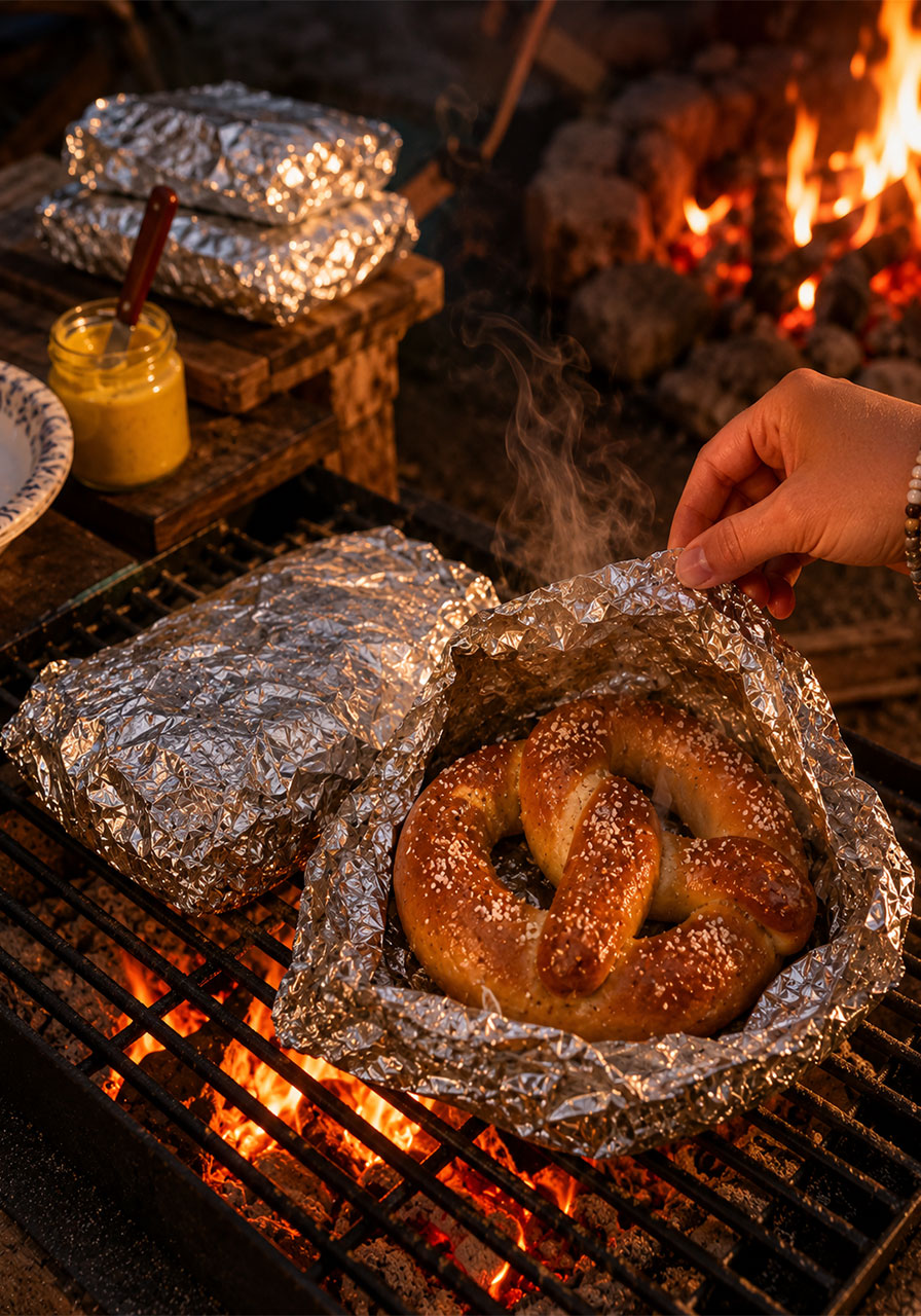 Homemade chewy soft pretzels in foil being reheated over campfire grill grate for summer camping