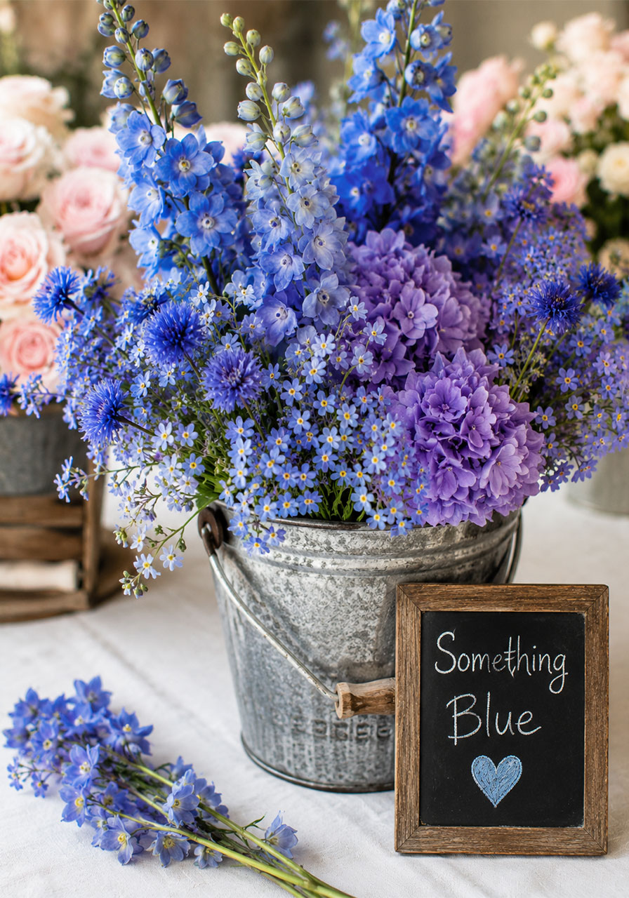 Something blue bridal shower flower bar bucket with delphinium hydrangea forget-me-nots and bachelor's buttons with chalkboard label