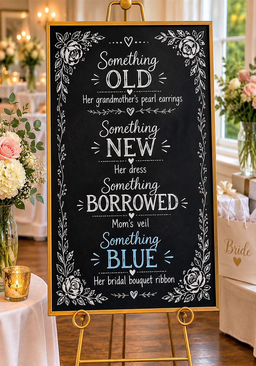 Something old new borrowed blue chalkboard sign with personalized details on gold easel at bridal shower