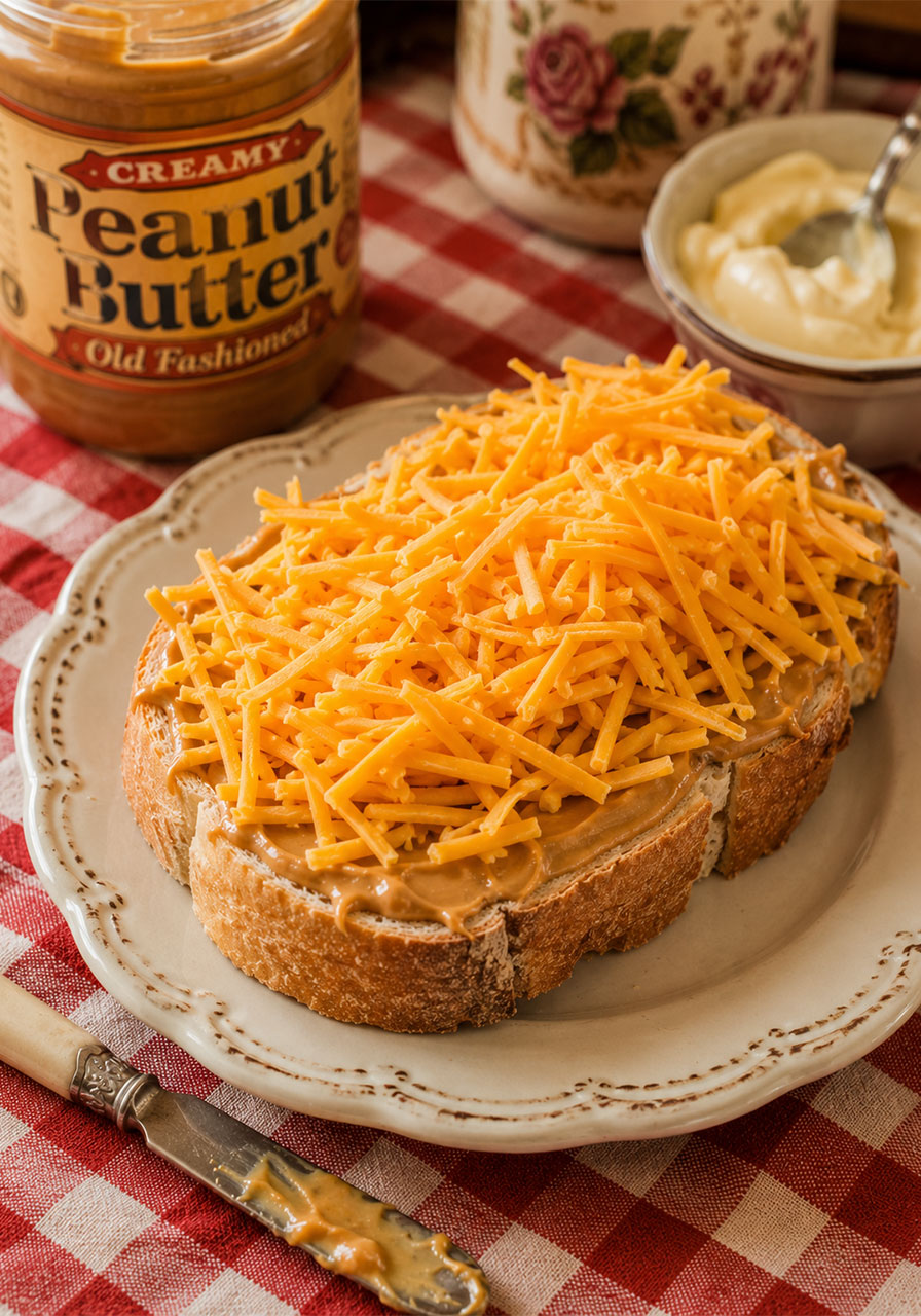Southern peanut butter mayo sandwich with shredded cheddar cheese on crusty bread, a nostalgic no-cook summer recipe