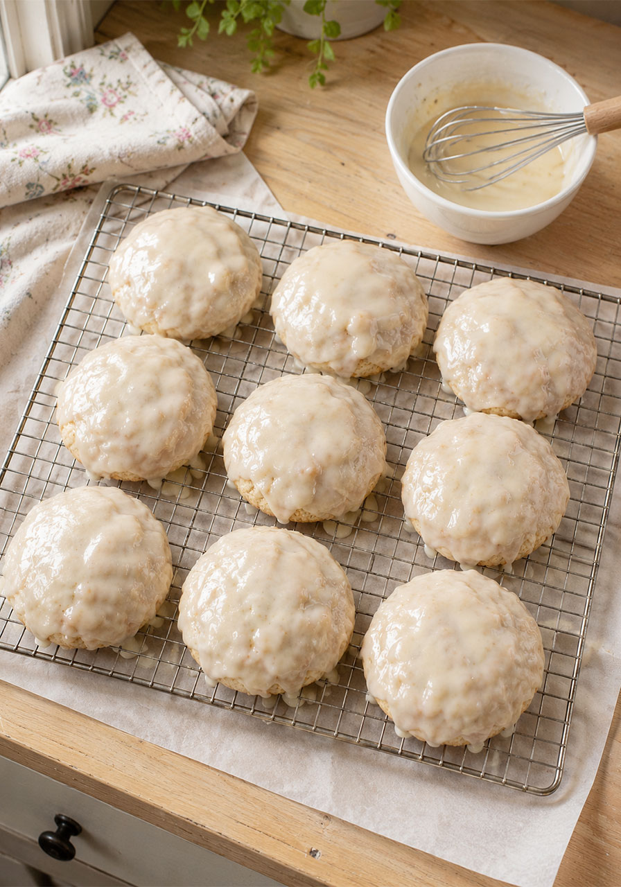 Southern tea cakes cooling on a wire rack with set glaze
