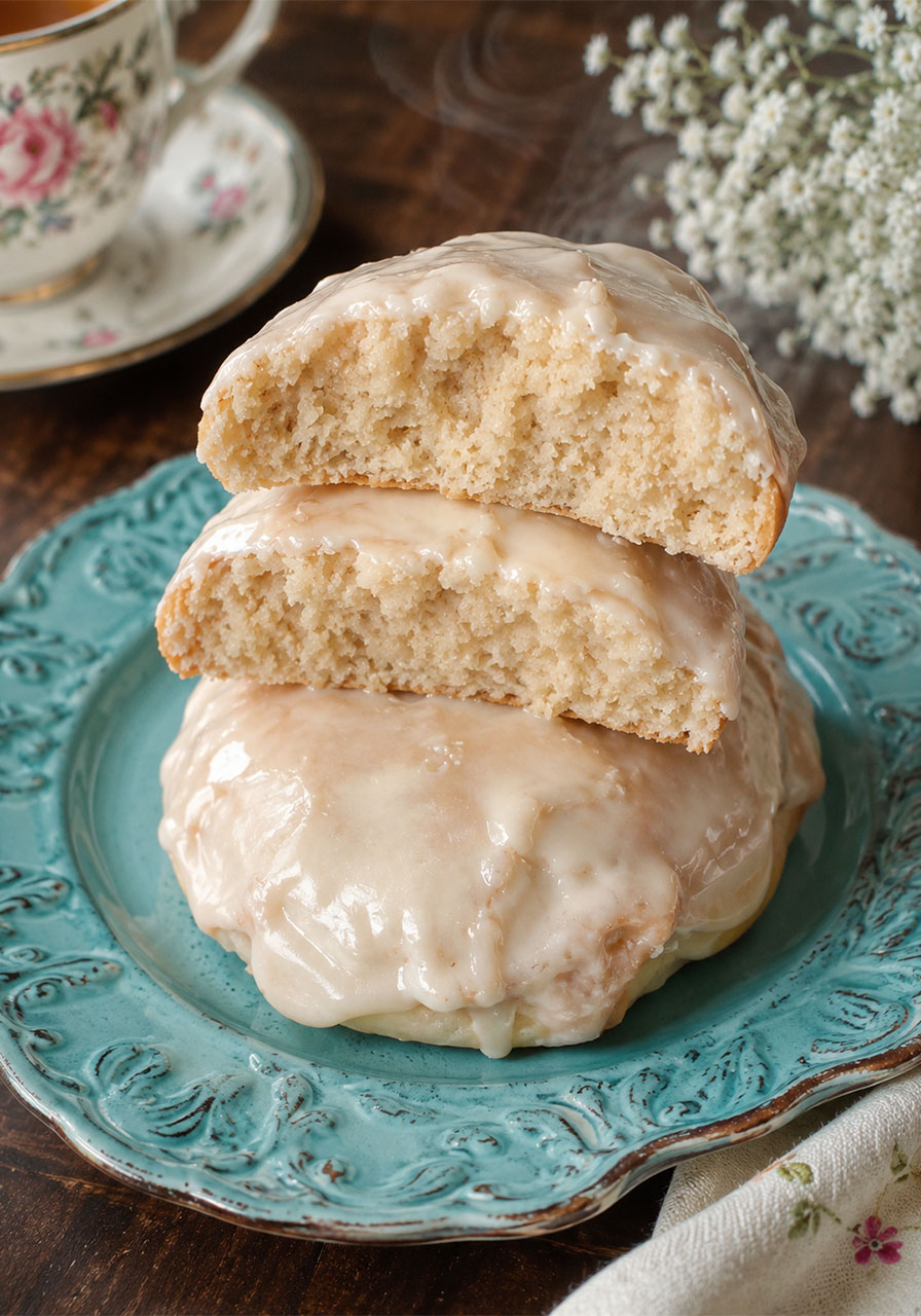 Southern tea cakes sliced in half showing moist dense interior with almond glaze
