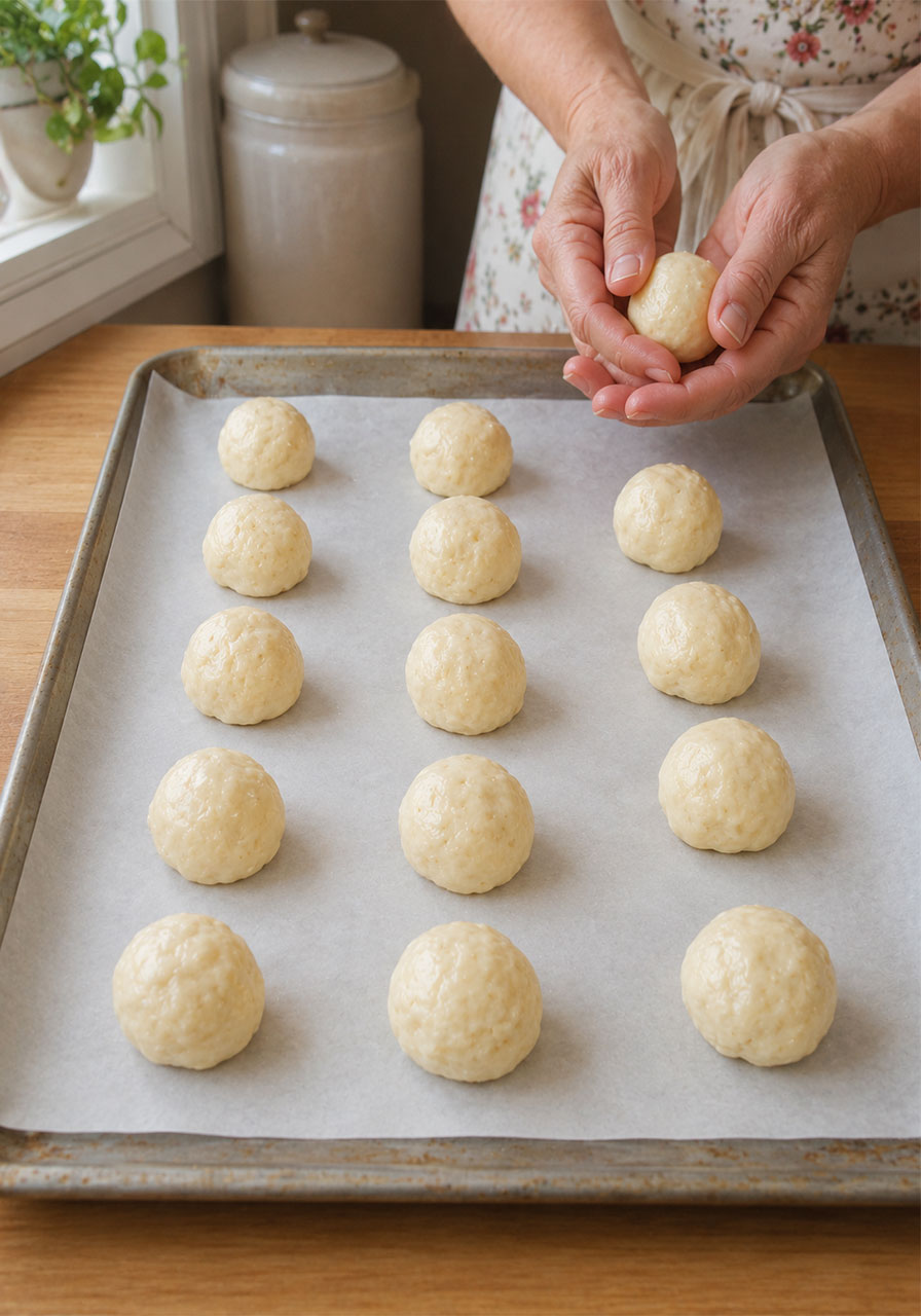 Raw Southern tea cake dough balls shaped and ready for the oven