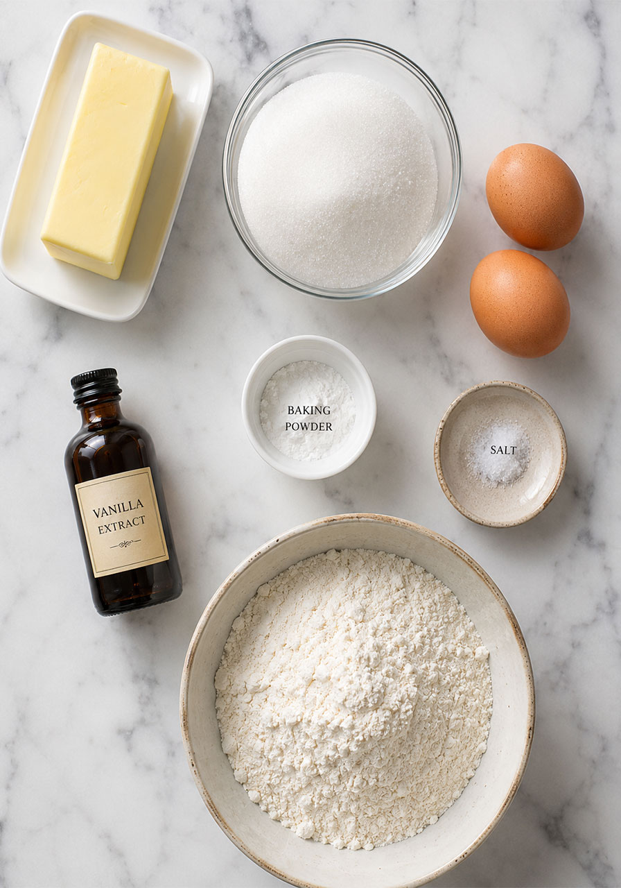 Ingredients for Southern tea cakes including butter sugar eggs and flour
