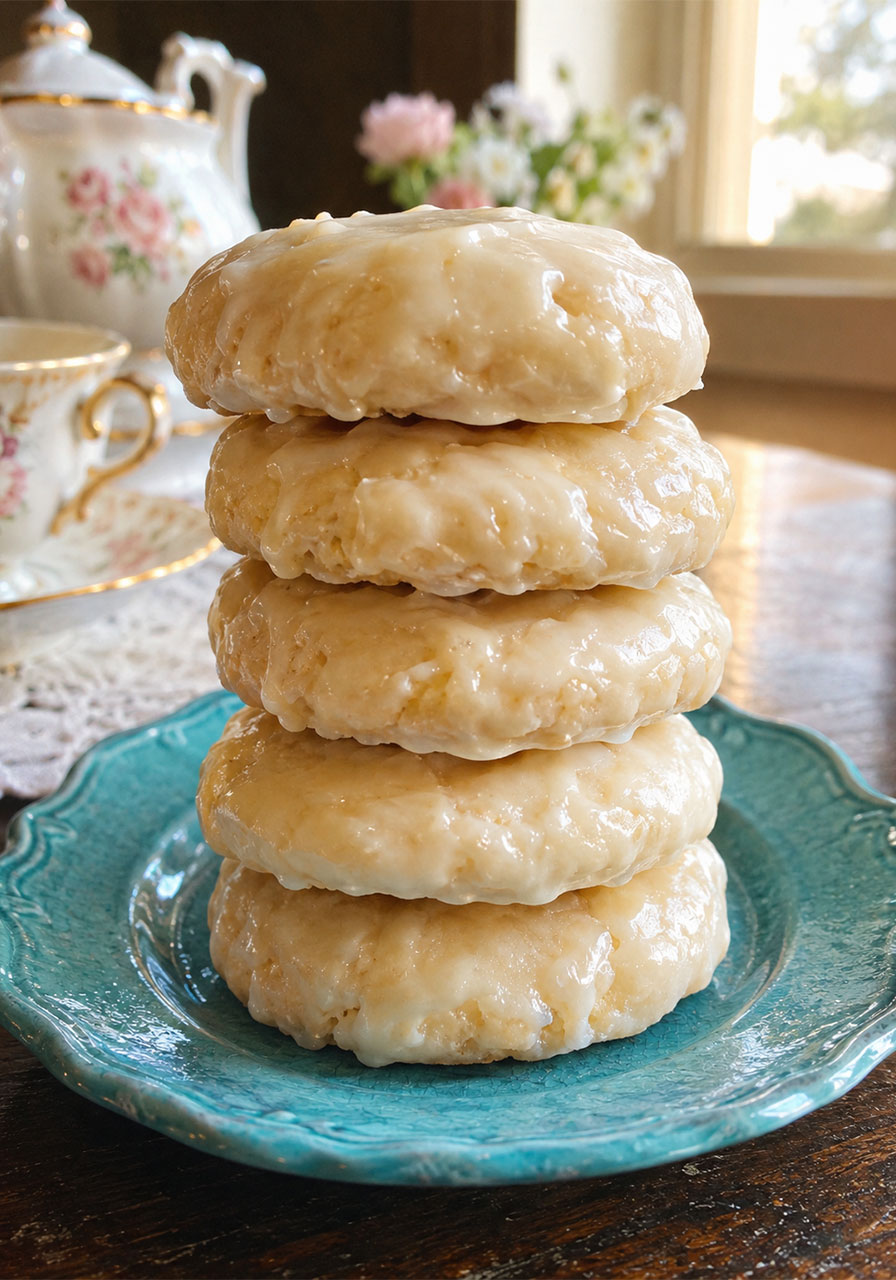 Stack of Southern tea cakes with vanilla almond glaze on blue plate
