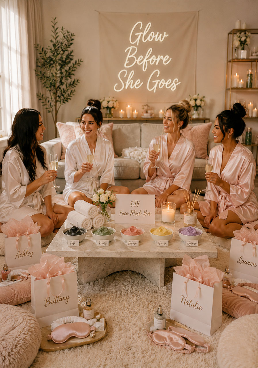 Spa bachelorette party decorations with matching satin robes, DIY face mask bar, and personalized gift bags