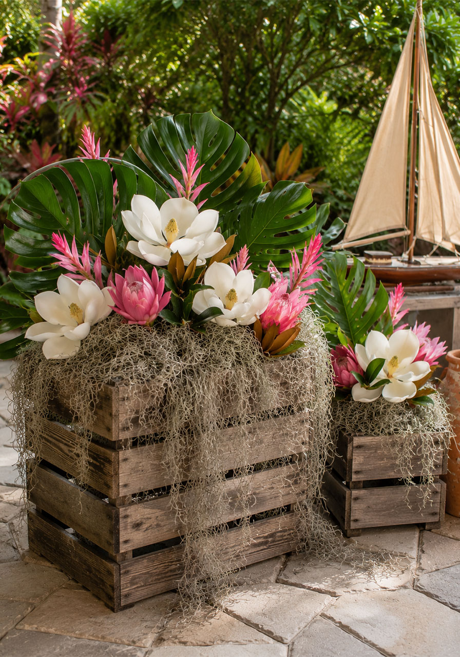 Weathered wooden crates with Spanish moss and tropical faux flowers as Key West party garden décor