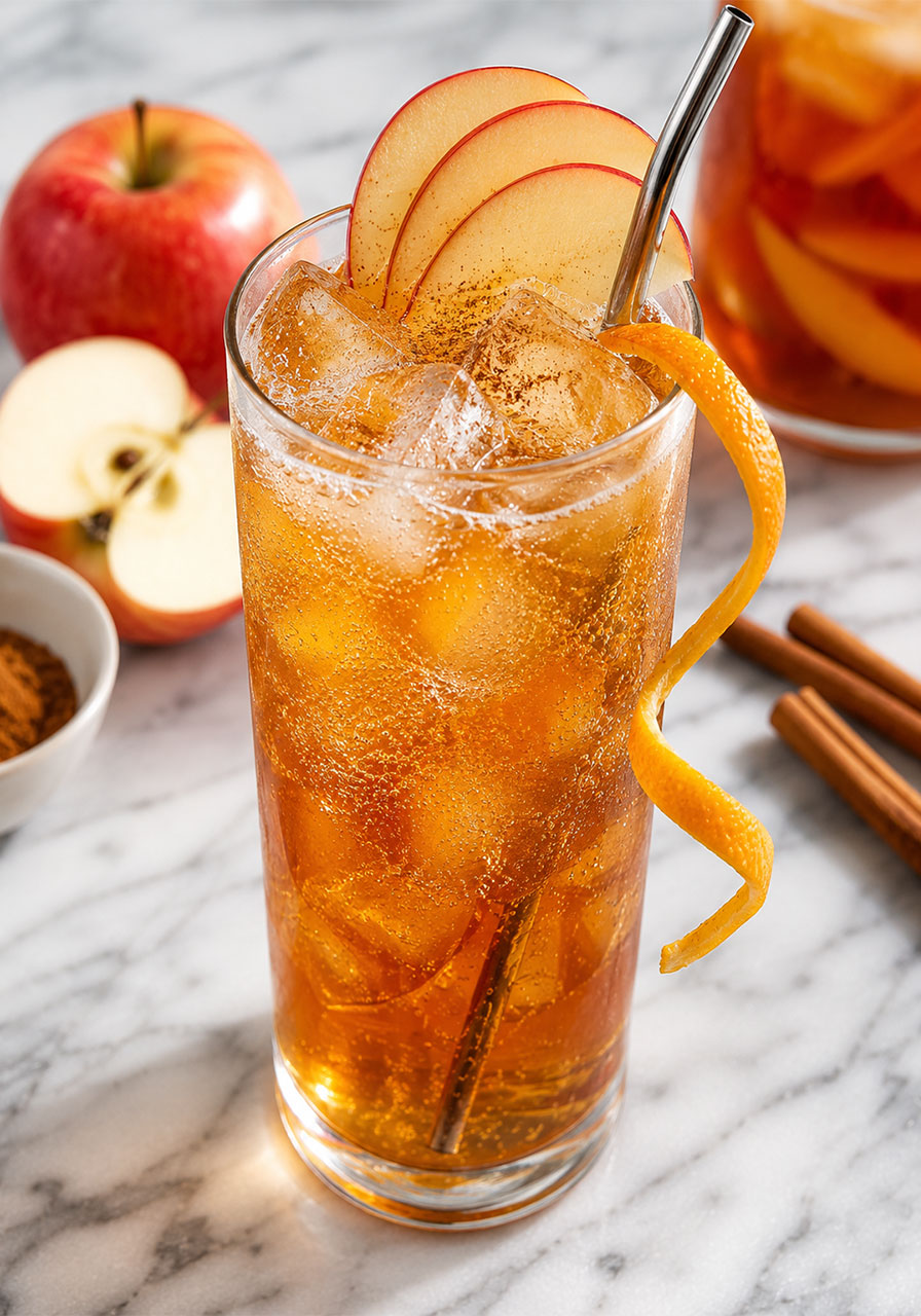 Sparkling apple cinnamon iced tea variation with orange peel twist and fresh apple slices in tall glass
