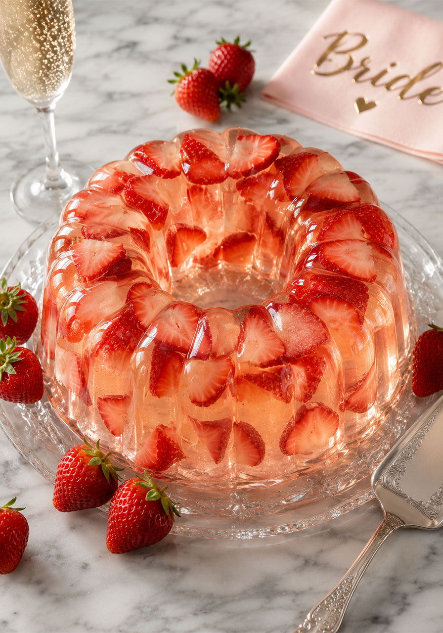 Blush champagne and strawberry gelatin mold on a glass cake plate, with strawberries suspended inside the translucent jelly, served at a bachelorette party