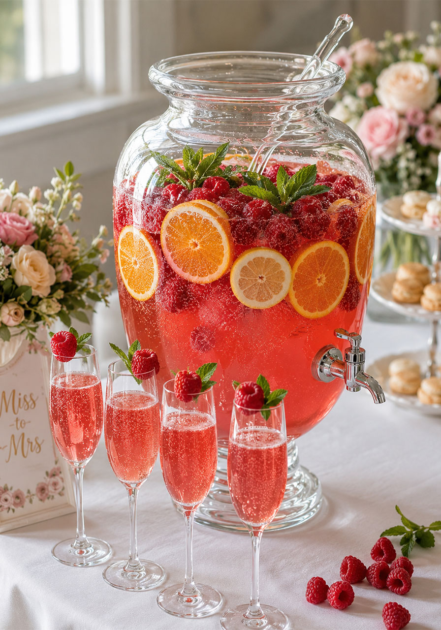 Sparkling fruit punch in a glass dispenser with raspberry, citrus, and mint garnishes served in champagne flutes for a bridal shower