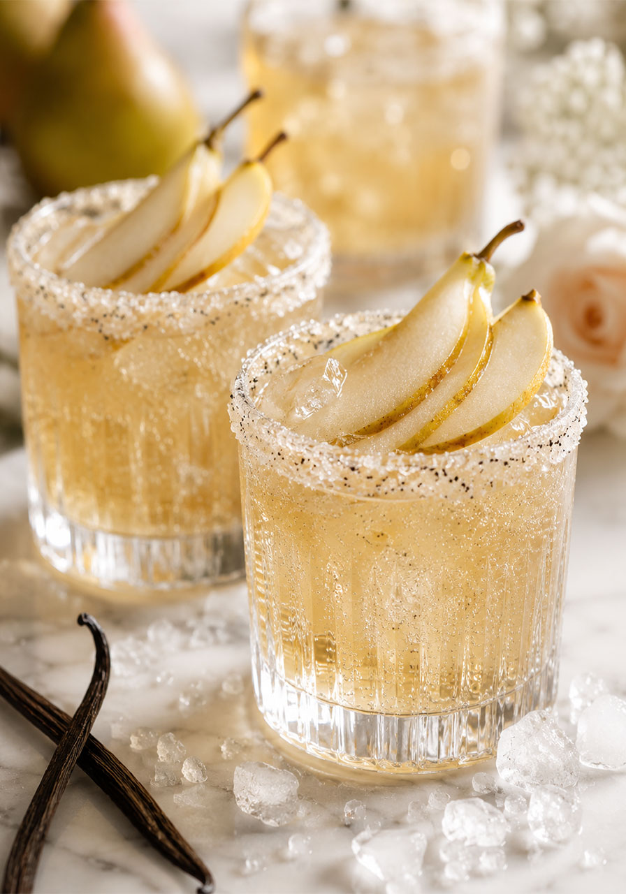 Sparkling vanilla pear mocktail with sugar rim and pear slices in crystal glasses for an elegant bridal shower drink