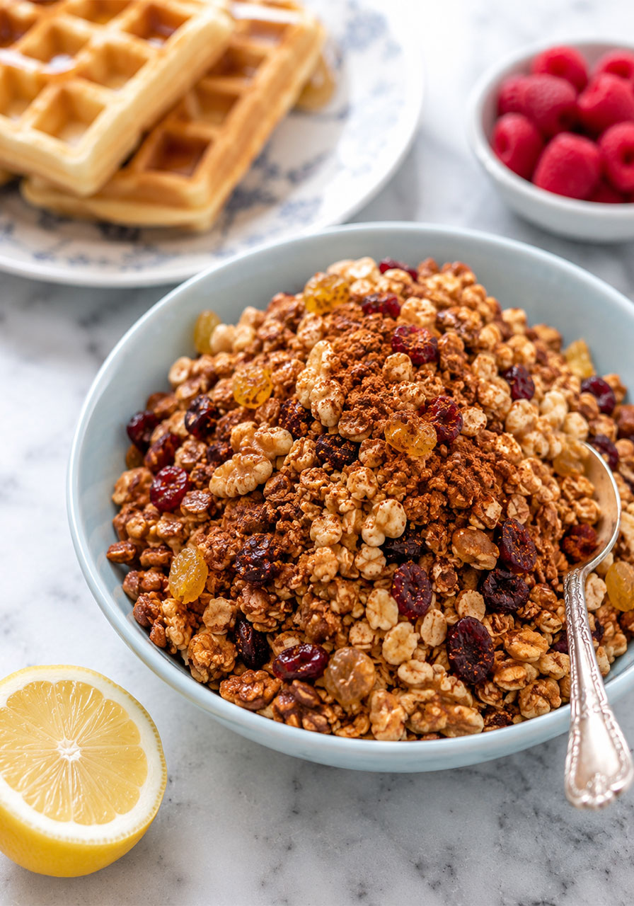 Bowl of cinnamon spiced granola crunch as a waffle bar topping for a fun brunch party