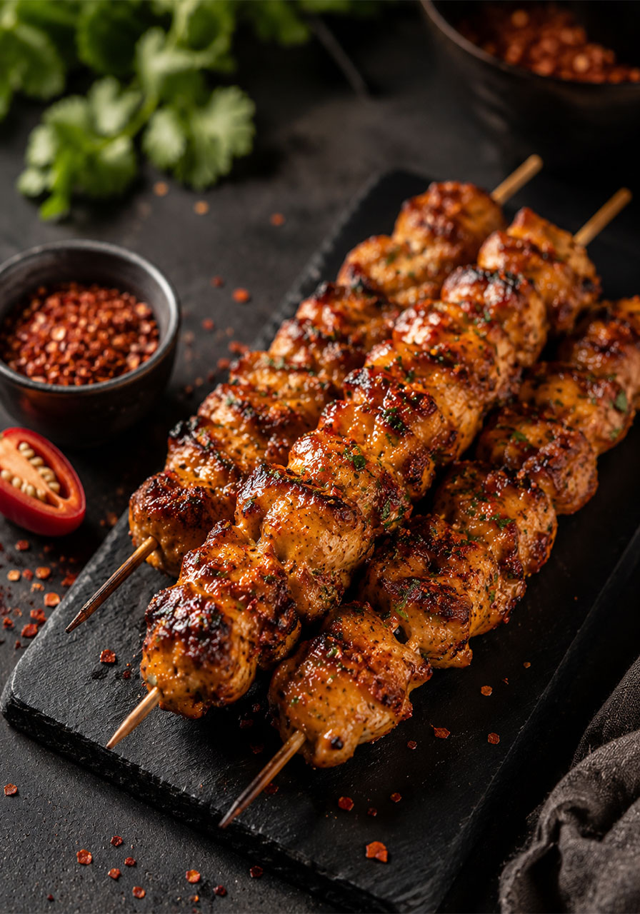 Spicy ranch garlic parmesan chicken skewers with red pepper flakes