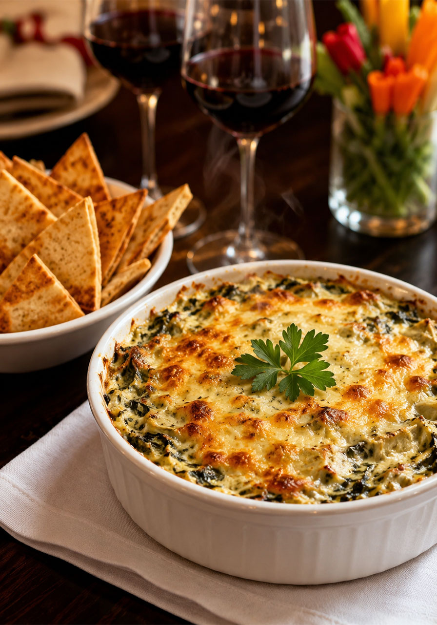 Warm bubbling spinach and artichoke dip with golden cheese crust served with toasted pita chips for a bridal shower appetizer