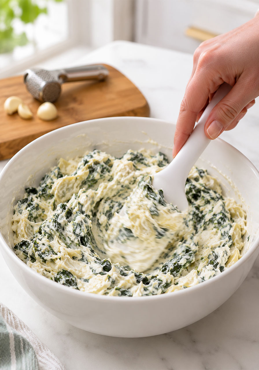 Spinach and artichoke filling being mixed in white bowl with cream cheese sour cream and Parmesan