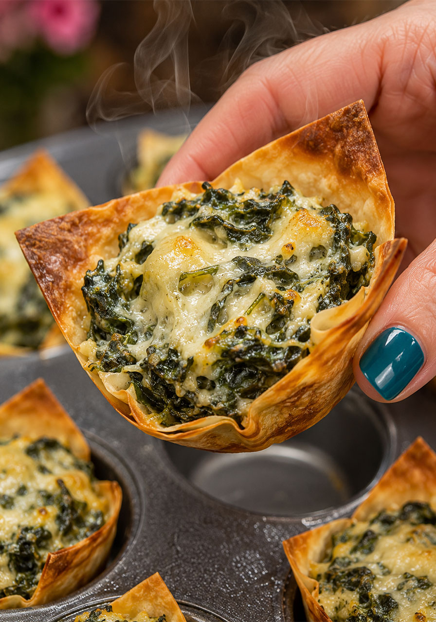 Close up of single spinach and artichoke wonton cup being lifted showing crispy wonton shell and creamy filling
