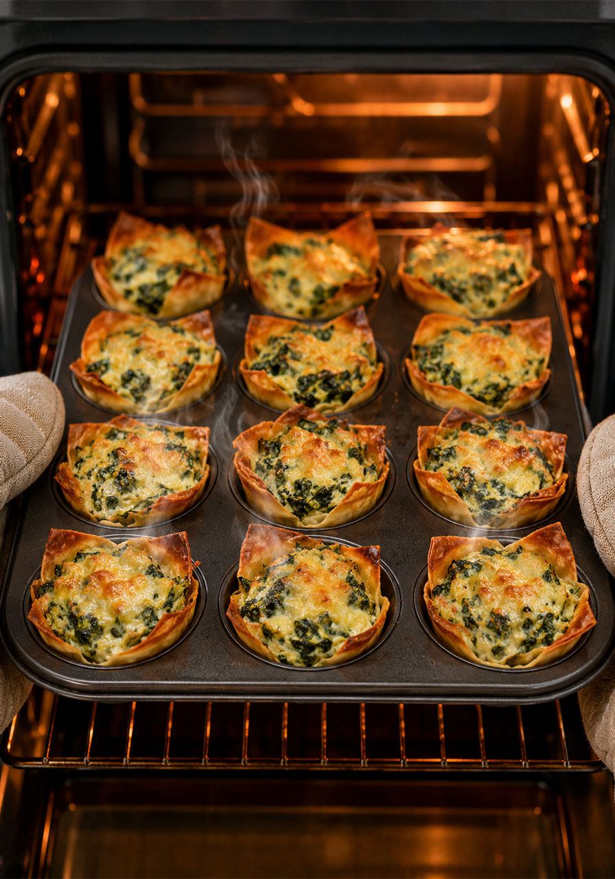 Spinach and artichoke wonton cups freshly baked golden brown and bubbling hot in muffin tin