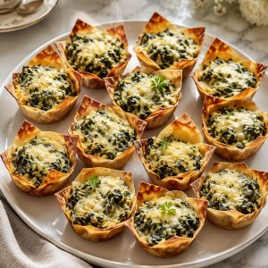 Golden brown spinach and artichoke wonton cups arranged on white serving platter ready to serve