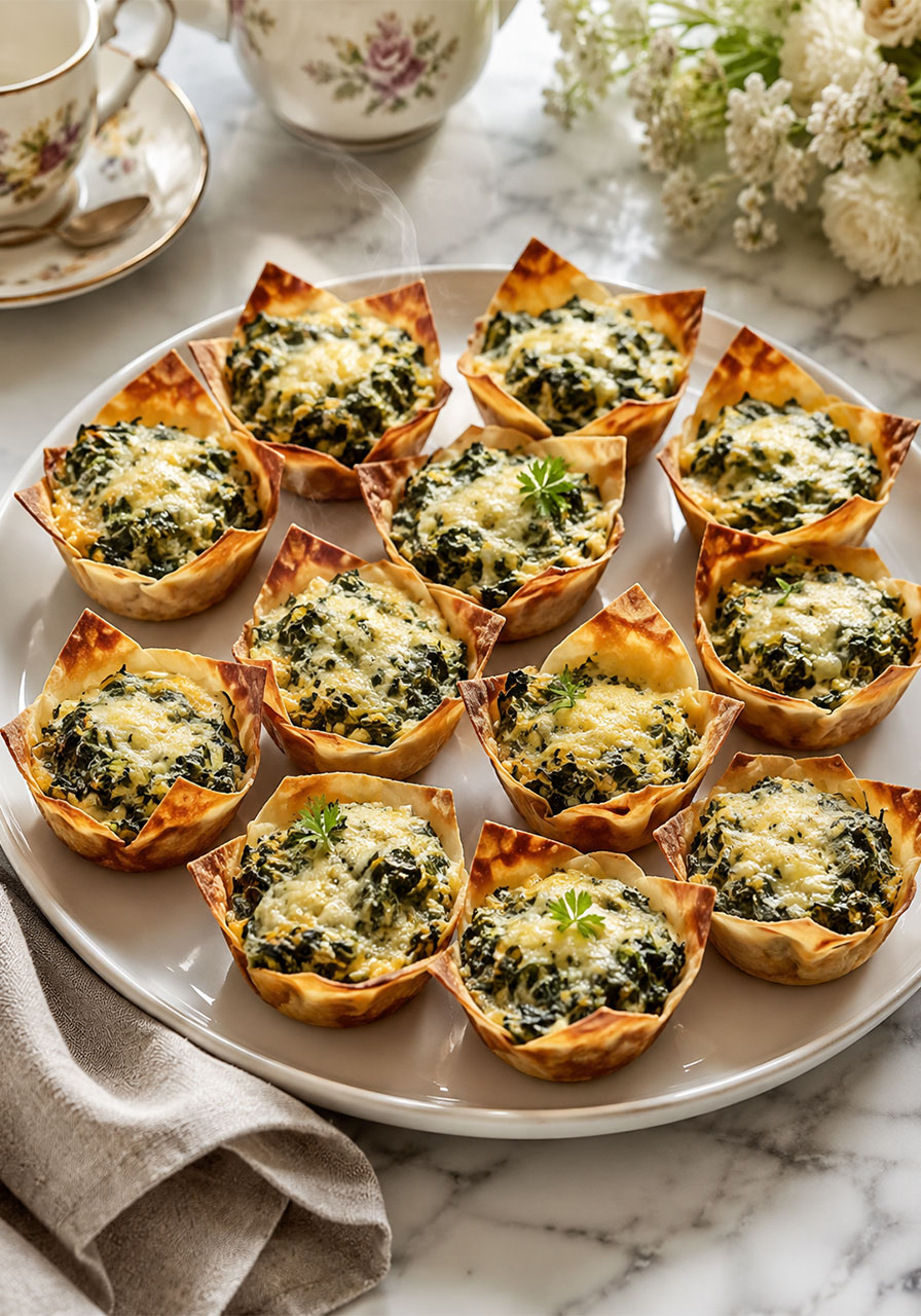 Golden brown spinach and artichoke wonton cups arranged on white serving platter ready to serve