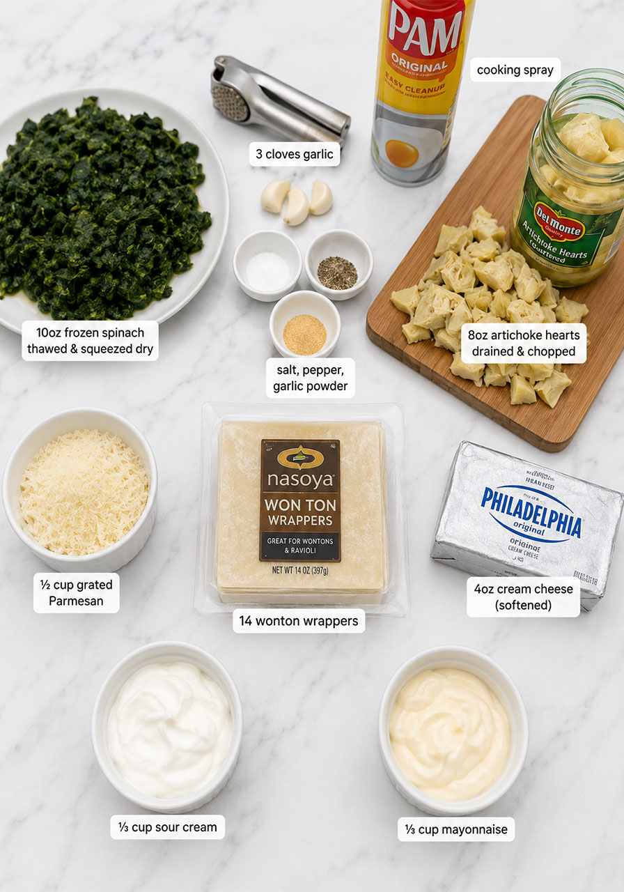 All ingredients for spinach and artichoke wonton cups laid out on white marble surface including wonton wrappers cream cheese spinach and artichoke hearts