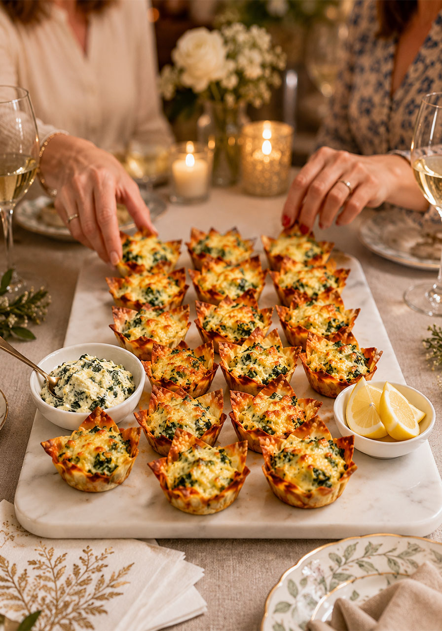 Spinach and artichoke wonton cups on party serving board with guests reaching in at a gathering