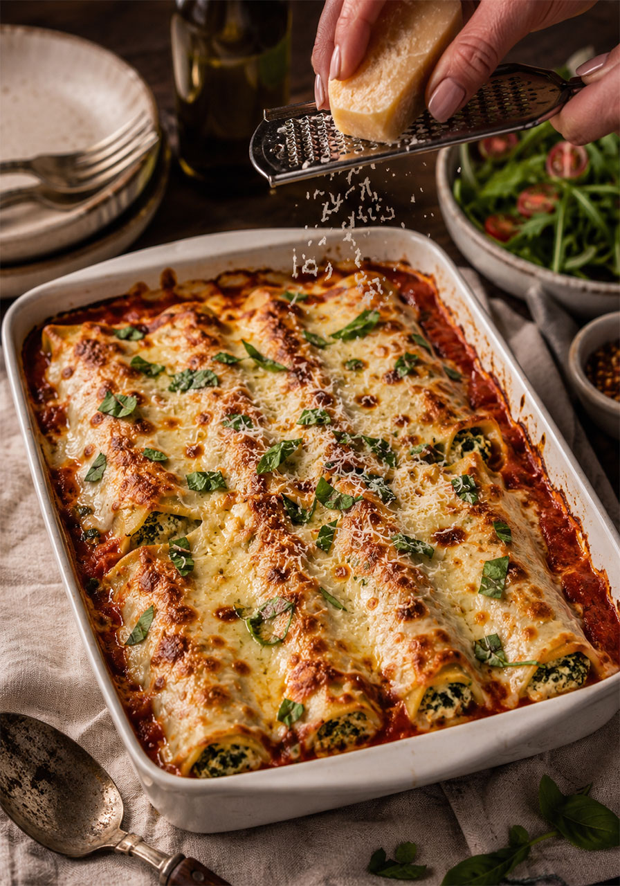 Baked spinach and ricotta cannelloni with golden melted mozzarella and rich tomato sauce in a baking dish