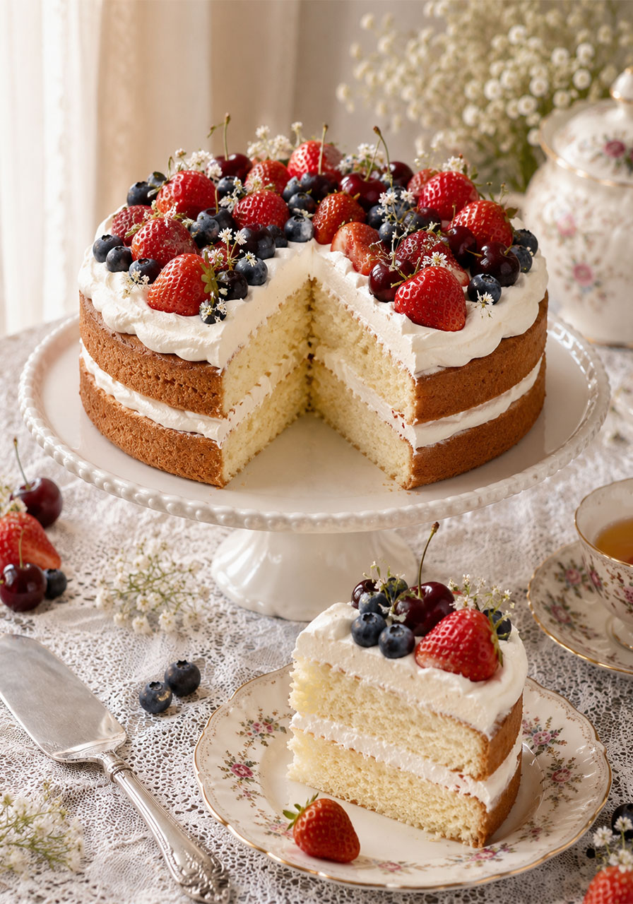 Classic sponge cake with whipped cream berries and cherries on a vintage pedestal stand for afternoon tea
