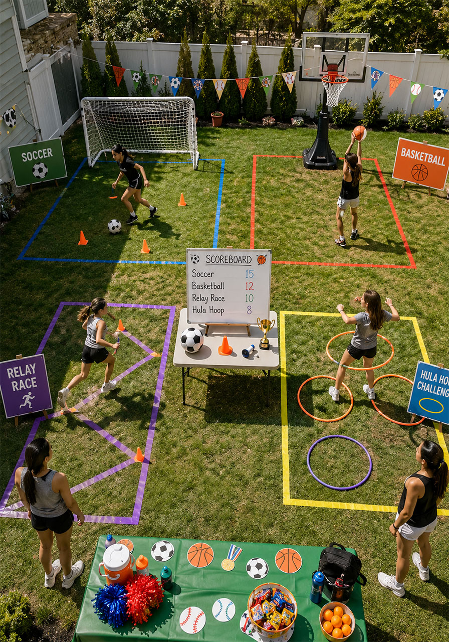 Backyard sports extravaganza birthday party with multiple activity stations for 13-year-old teens