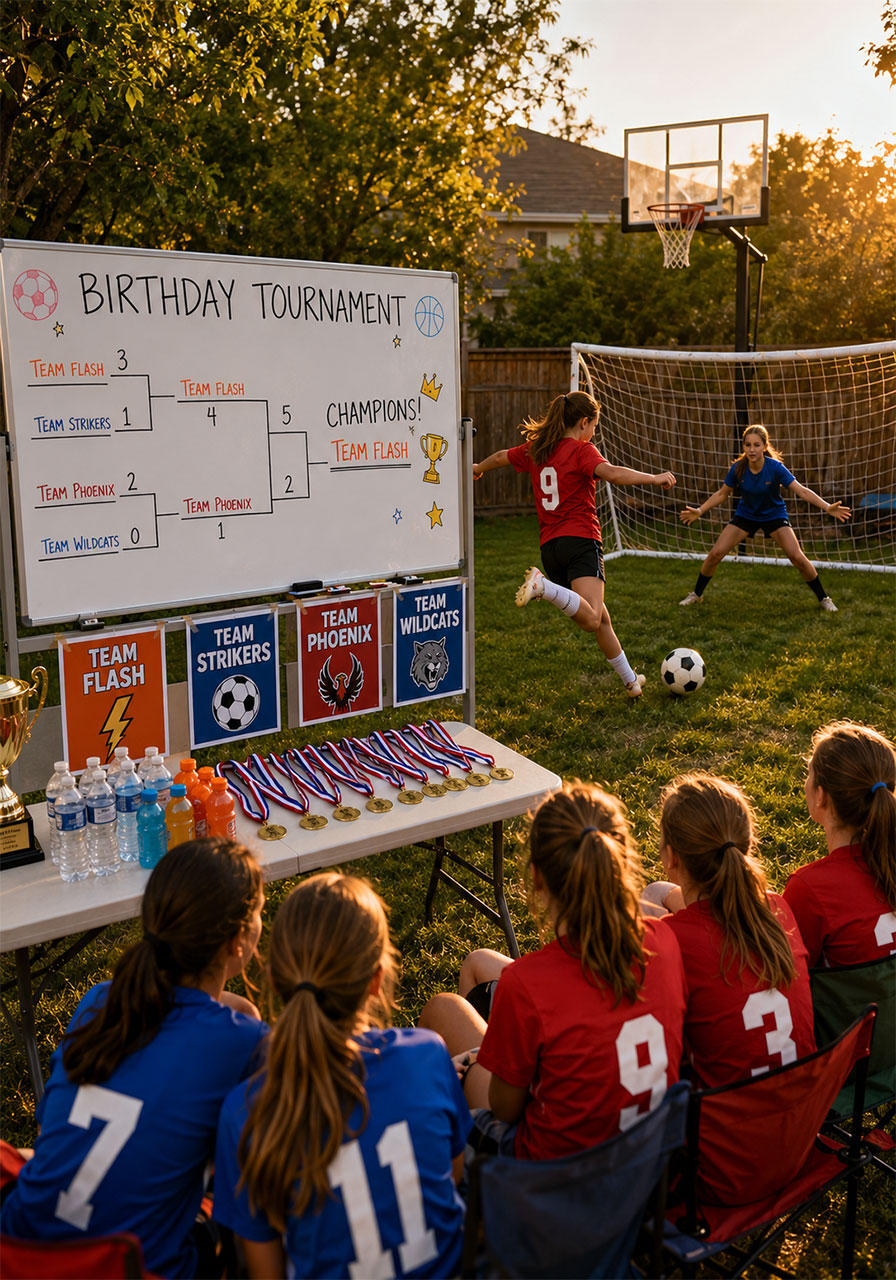 Teen girls competing in sports tournament birthday party with bracket chart and soccer game in backyard