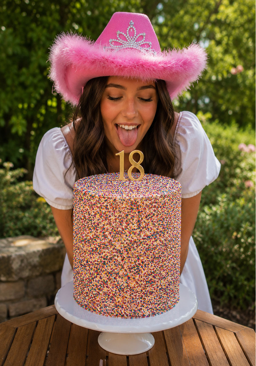 Rainbow sprinkle nonpareil layer cake for 18th birthday party with girl in pink cowboy hat and white dress