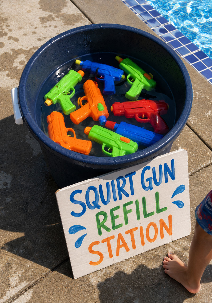 Squirt gun refill station with colorful water guns in a bucket on a pool deck at a summer kids pool party