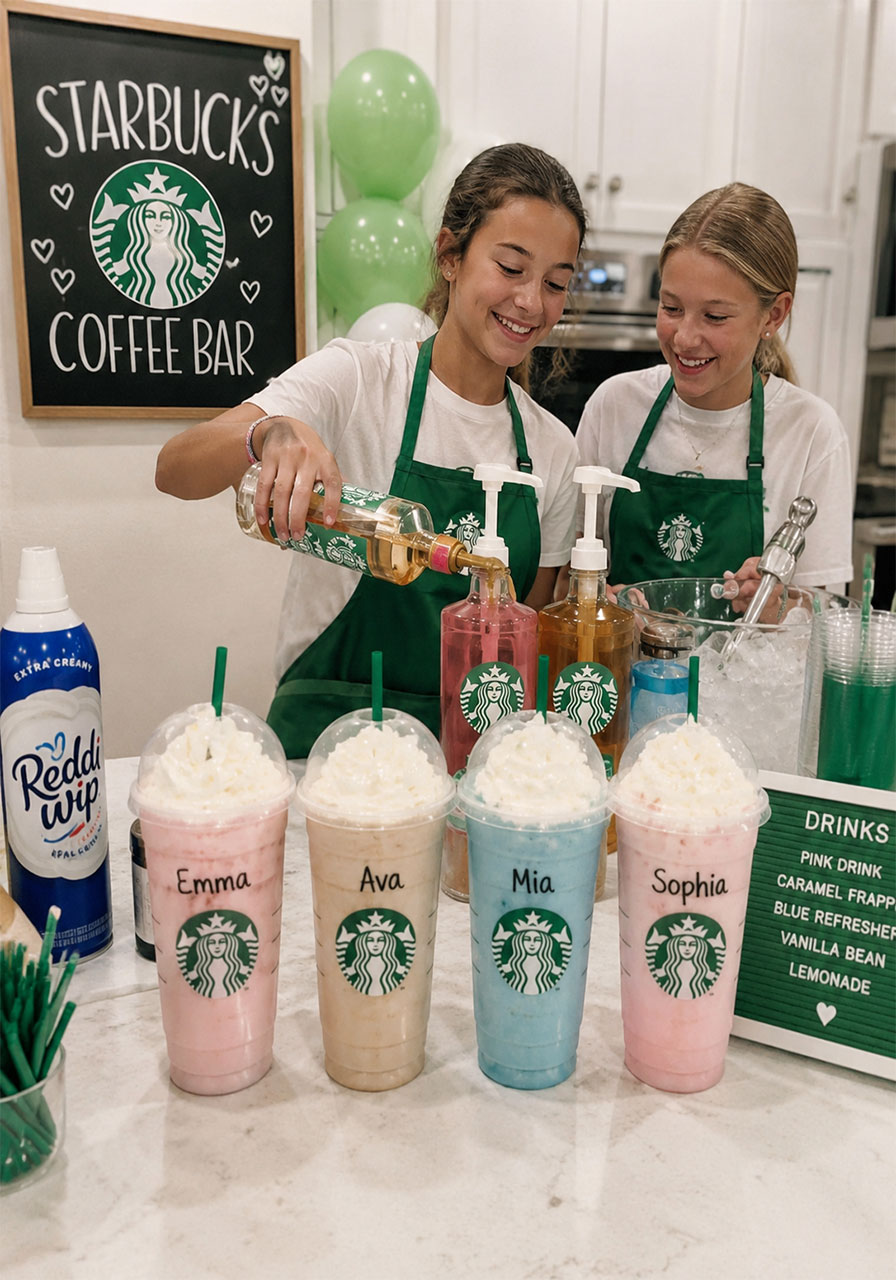 DIY Starbucks-themed birthday party drink bar with personalized cups for 13-year-old teen girls