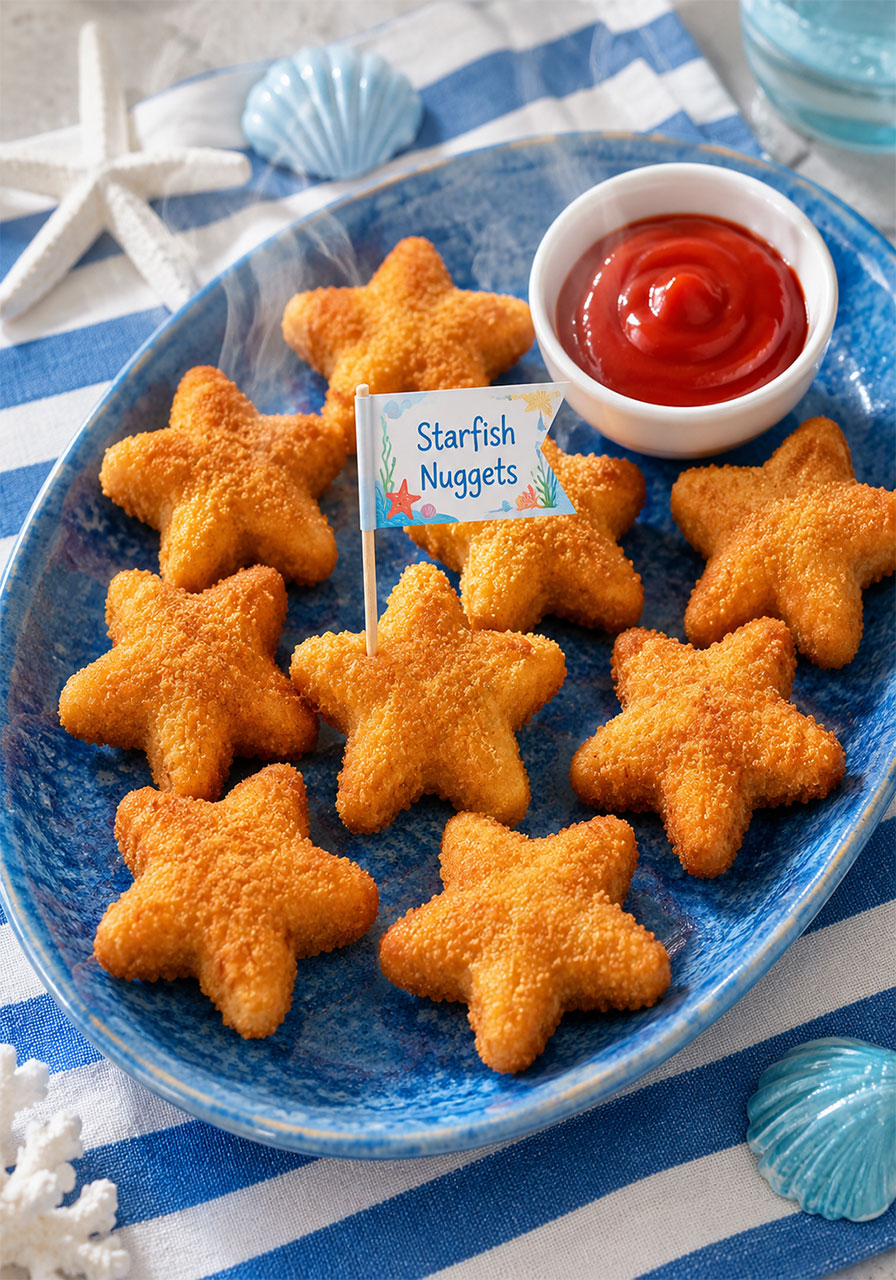 Star-shaped starfish chicken nuggets on a serving plate for an under the sea birthday party lunch