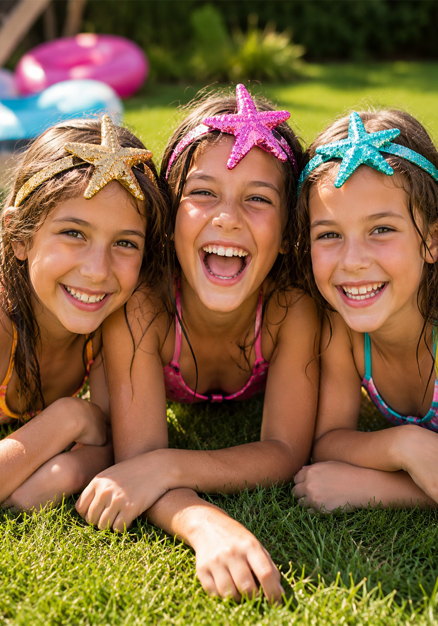 Three girls wearing colorful glitter starfish headbands as pool party favors, laughing together on the grass