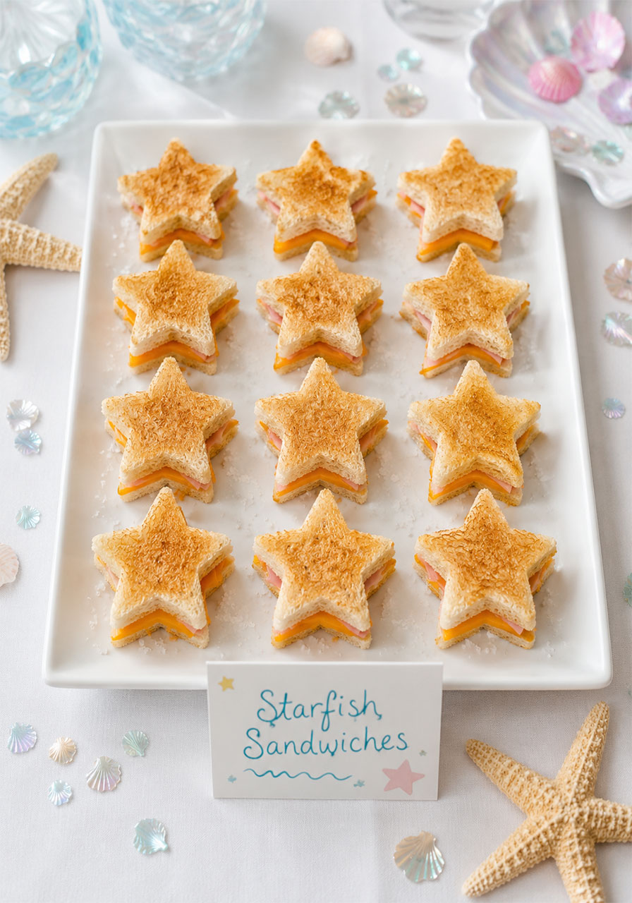 Star-shaped starfish sandwiches on a serving platter for an under the sea birthday party food table