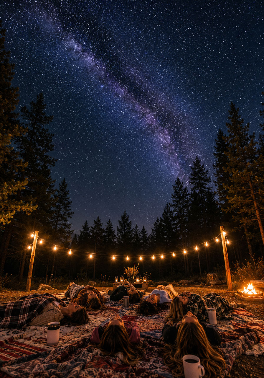 Women lying on blankets stargazing under Milky Way night sky at camp bachelorette glamping party with campfire and string lights
