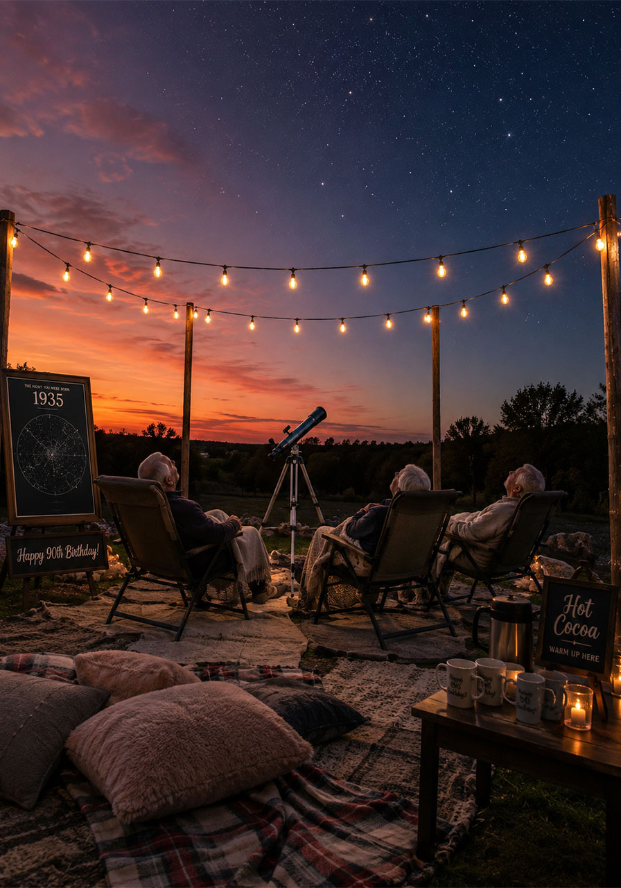 Outdoor stargazing 90th birthday party at dusk with telescope, reclining chairs, and custom star map display