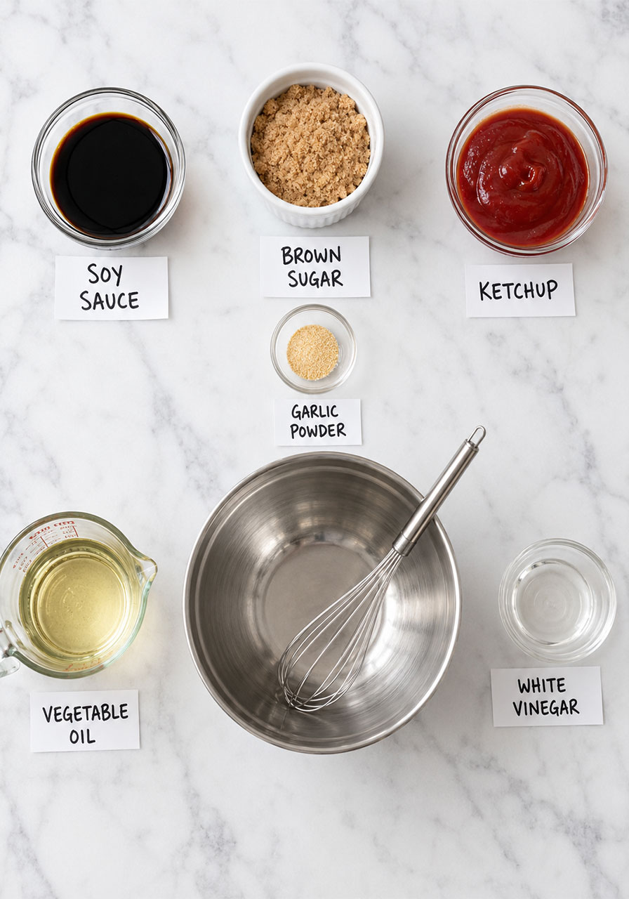 Flat lay of steak kabob marinade ingredients including soy sauce, ketchup, brown sugar, garlic powder, oil, and vinegar