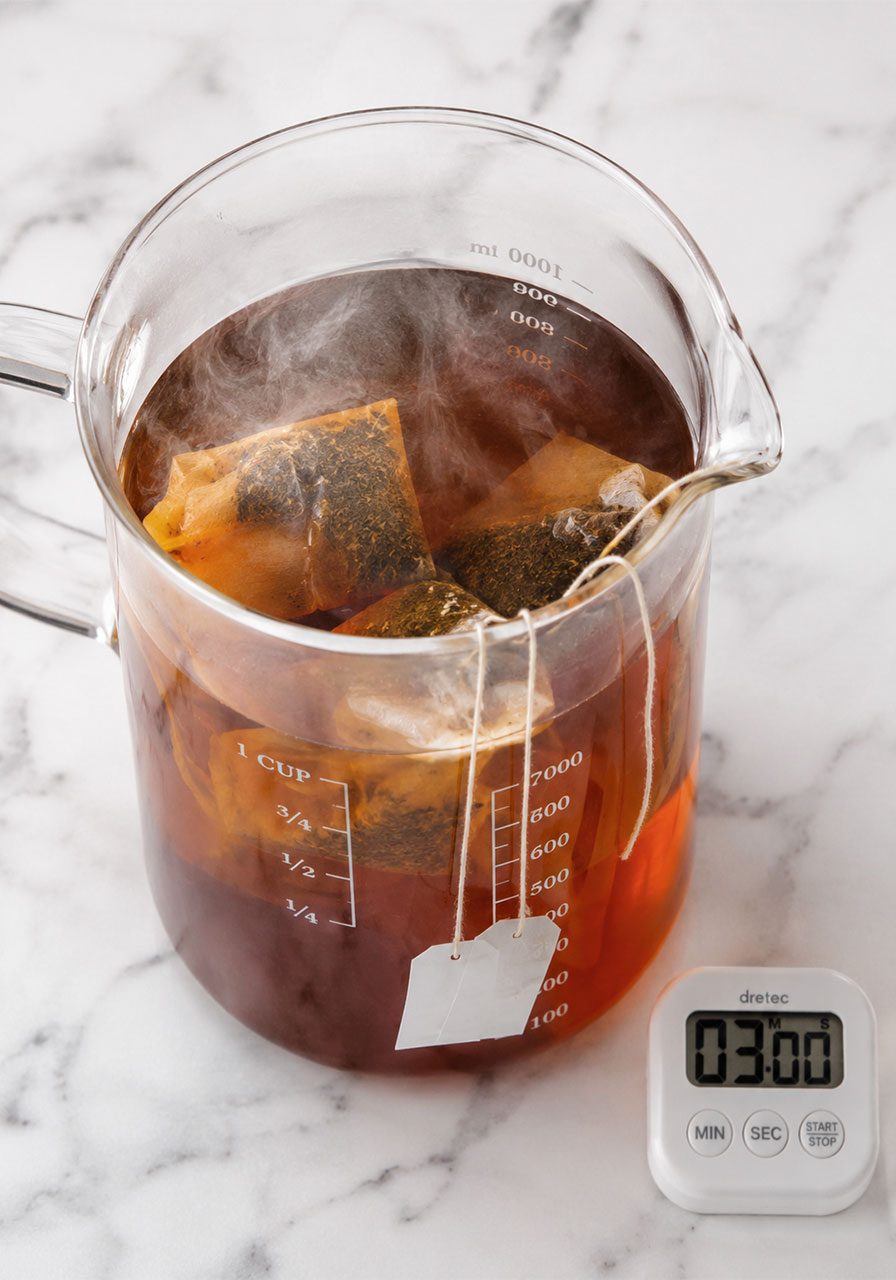 Three black tea bags steeping in a glass pitcher of hot amber tea with steam rising, for passion fruit iced tea recipe